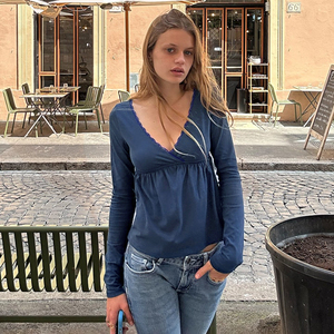 Top Básico Casual de Mujer con Cuello en V, Ribete de Encaje, Manga Larga, Transpirable, Tejido, Color Sólido, Cintura Alta, Estilizador, para Otoño - Product Image 3