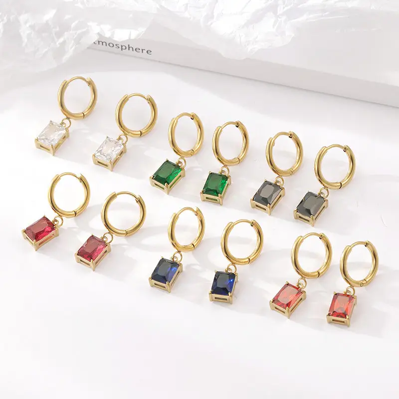 Waterproof Non Tarnish Jewelry 14K PVD Gold Plated Stainless Steel Colorful Zircon CZ Stones Cute Huggies Hoop Earrings YF2910