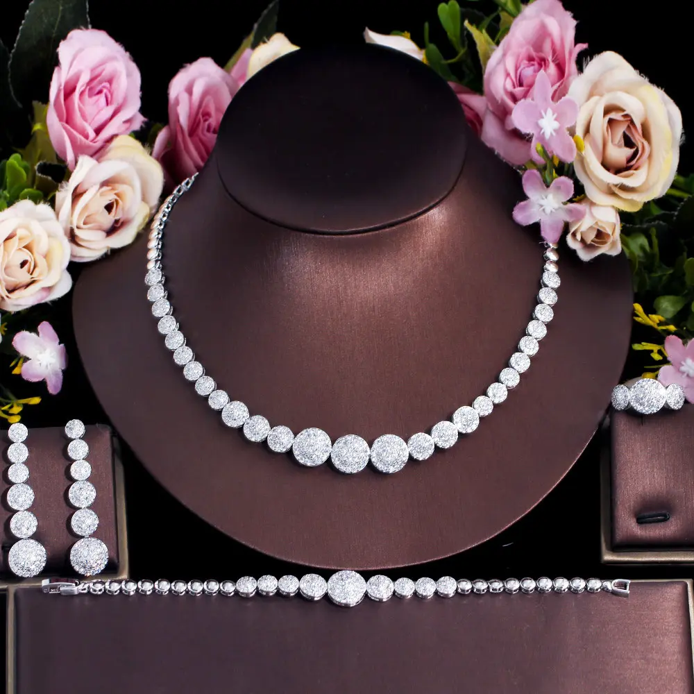 4pcs Trendy Micro Pave Cubic Zirconia White dubai Gold Color Round Necklace Wedding Jewelry Sets Bride Accessories