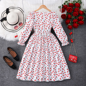 Abito Primaverile 2026 per Ragazze, Maniche Lunghe con Stampa Ciliegie, Bianco e Bordeaux con Inserti - Product Image 2