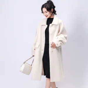Heißer Verkauf Herbst Winter Mode Frauen lange weiße Farbe süße elegante europäische Stil Frauen langen Graben Lamm Wolle Pelzmantel