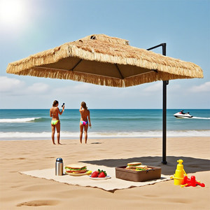 Parasol de plage imperméable à double couche avec cadre en fer et design romain en paille pour la plage et l'hôtel - Product Image 1