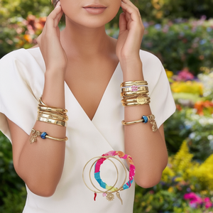 Gold Plated Stainless Steel <b>Bangle</b> <b>Set</b> With Fabric Wrap And Charms For Women Fashion Bracelets - Product Image 3
