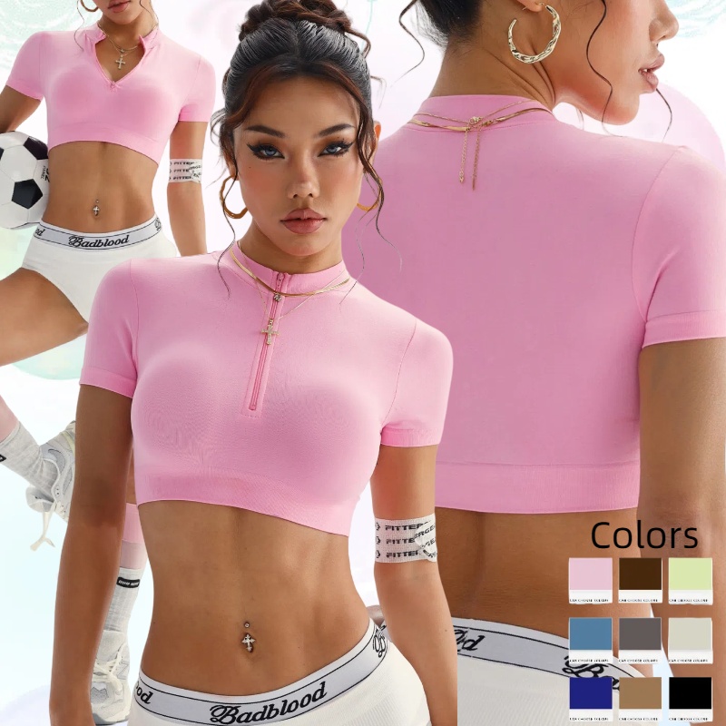 Women's Half Zipper Solid Color Short Sleeves Sports Top High Stretch Crop Yoga Shirts Stand Neck Quick Drying Running T-shirts