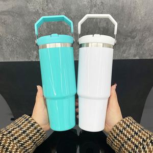 US Warehouse 30oz Sublimation Blank Colorful Leakproof Mug 30 oz <b>Macaron</b> Glossy Flip Straw Travel Coffee Cup Tumbler with Handle - Product Image 3
