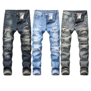 Großhandel Kleidung blaue Motorrad Jeans Hose Herren schwarz zerrissene gewaschene Jeans