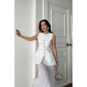 Chaleco de Lino Jacquard con Cintura Ajustada y Botones Dorados - Traje Exterior Blanco con Decoración de Logotipo Vintage, Tejido de Algodón - Product Image 2