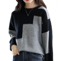 Eyegemix Pull décontracté d'hiver personnalisé à col rond et patchwork pour femme coréenne, manches longues, 100 % polyester anti-boulochage 2025