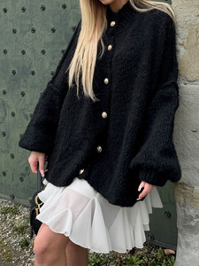 2025 Phụ Nữ Của Retro Cardigan Với Bat Tay Áo Áo Len Rắn Màu Sắc Giản Dị Mùa Đông Bat Tay Áo Áo Len Với Nút Trang Trí - Product Image 4