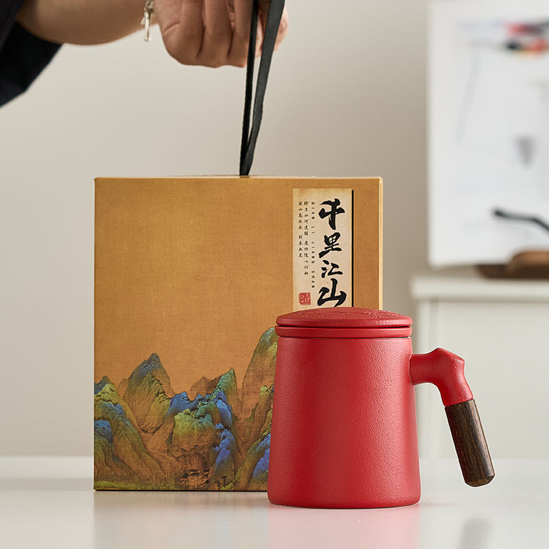 Ensemble de 3 tasses à eau rouge - Coffret cadeau Mille Li, rivières et montagnes.