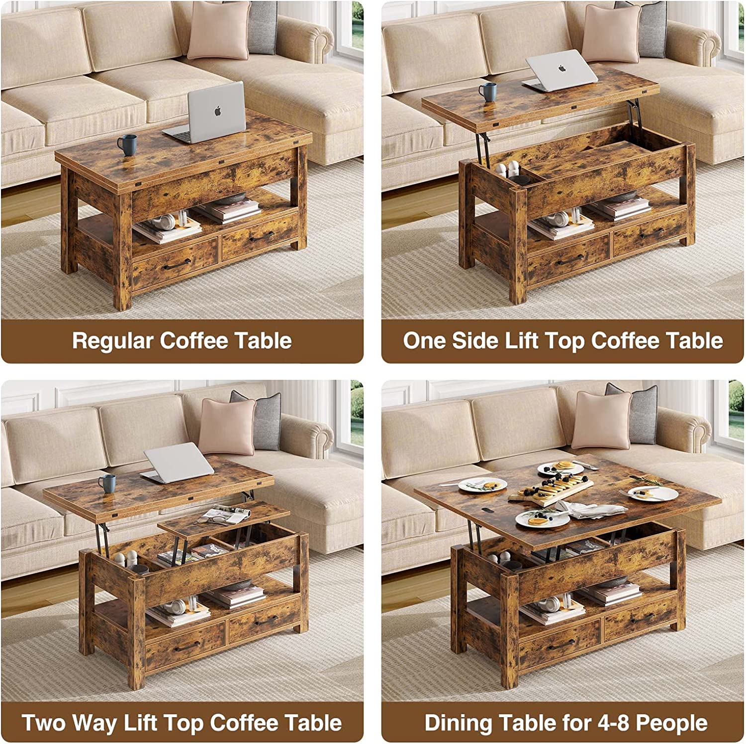 Multi-Function Convertible Coffee Table with Drawers and Hidden Compartment Dining Table for Living Room Home Office