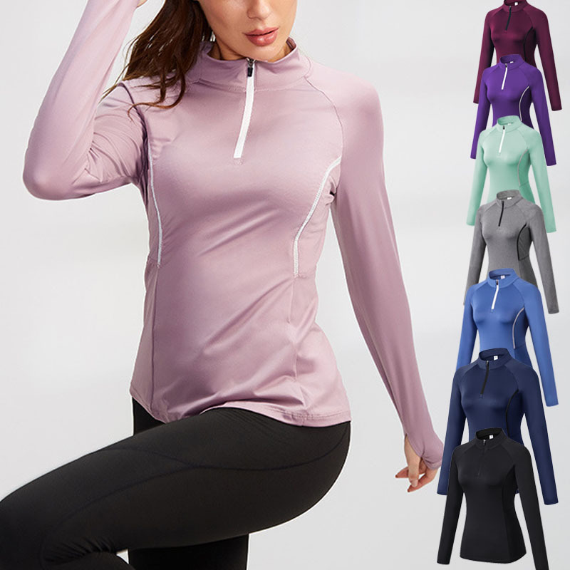 2024 Autumn and Winter Women's Sports Long Sleeve Outdoor Running Yoga Clothes High Elastic Tights Quick Drying Stand Collar Spo