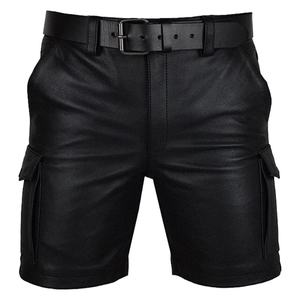 <b>Men's</b> Sexy Street Wear <b>Black</b> Heavy Leather 6 Pocket Cargo Shorts Half Pants Premium Soft <b>Real</b> Leather Trousers - Product Image 1