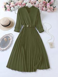 Abiti Primaverili Alla Moda per Donne, <span class=keywords><strong>Elegante</strong></span> <span class=keywords><strong>Vestito</strong></span> a Maniche Lunghe con Scollo a V e Pieghe, Abito da Ufficio a Linea A con Cintura - Product Image 3