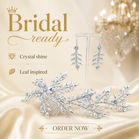 Ensemble de bijoux de mariée en strass feuille d'argent : serre-tête, boucles d'oreilles et peigne à cheveux en cristal, faits main, accessoires de coiffure en viscose pour mariée