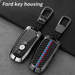 Casing Penutup Kunci Logo Mobil Serat Karbon Logam untuk Ford Edge Fusion Mustang Explorer F150 F250 F350 Ecosport Aksesori Pemegang