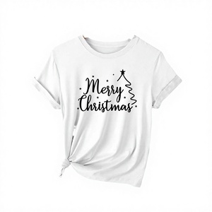 Camiseta de Algodón Blanca para Mujer, Cuello Redondo, Manga Corta, Estilo Casual Holgado, Estampada, Estilo Invernal, Feliz Navidad - Product Image 2