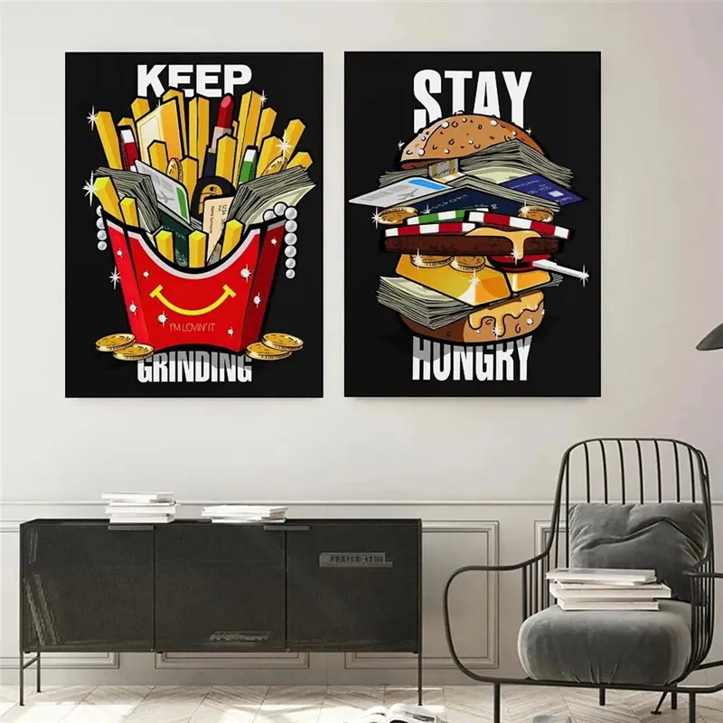 Blijven Scherpen En Houden Hungry Poster Schilderij Op De Muur Art Cartoon Burger Geld Canvas Schilderij Prints