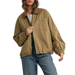 <strong>Women</strong> Barn Jacket Corduroy Collar Zipper Utility Jacket Cinchable Hem Workwear Jacket with Pockets - Product Image 2