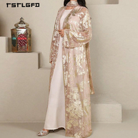 Robe de soirée de luxe modeste pour femme, en mousseline noire, avec strass, appliques florales en dentelle dorée, manches cloche évasées et taille à nouer