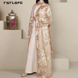 Women Black Chiffon Abaya Rhinestone Gold Floral Lace Applique <b>Flared</b> Bell Sleeve Self-Tie Waist Modest Luxury Evening Dress - Product Image 4