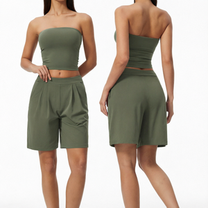 Green Strapless Tube Top Pleated <b>Bermuda</b> <b>Shorts</b> Set <b>Womens</b> Summer Athleisure Two Piece Outfit Vendor Custom Brand Logo in 2026 - Product Image 1