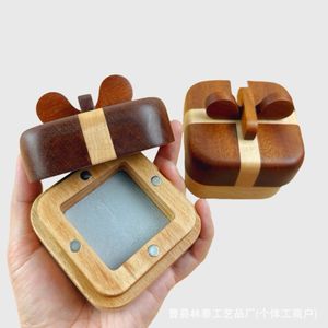 Wooden <b>Ring</b> <b>Box</b> Square Walnut Color Bow Shape Jewelry Display Gift <b>Box</b> For Wedding <b>Proposal</b> Birthday Holiday - Product Image 2