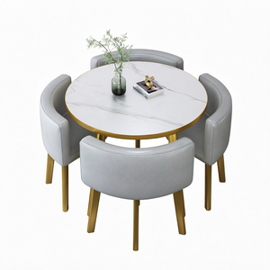 Table à manger ronde moderne extensible en bois massif pour la maison et l'usage commercial - Avec 4 chaises - Product Image 1