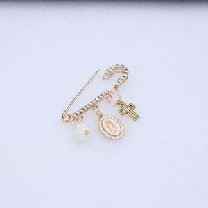 Broche de sécurité catholique avec perle, médaille <span class=keywords><strong>miraculeuse</strong></span> et croix, broche de baptême pour bébé en strass, cadeau pour l'église - Product Image 3