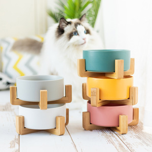 Grosir kustom pabrik aneka warna keramik bingkai kayu hewan peliharaan kucing dan anjing mangkuk - Product Image 2