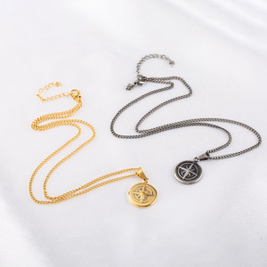 Stainless Steel Eight Pointed <b>Star</b> Coin Pendant Necklace Unisex Gold Antique Silver Geometric <b>Design</b> Jewelry For Men And Women - Product Image 3