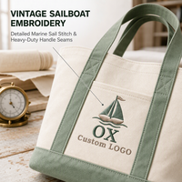 Sac fourre-tout en toile brodé sur mesure avec motif bateau, vert sauge, sac à main bateau avec poche avant, sac en coton robuste pour les vacances