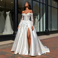Robes de mariée LY-WD1372, robe de mariée à taille basque, corset en satin, épaules dénudées, manches longues, style élégant et classique