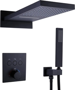Rubinetto doccia Set completo valvola termostatica a 3 vie con pannello doccia portatile a spruzzo superiore rame nero pioggia nascosta - Product Image 1