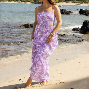 Robe longue plissée à bretelles avec découpes, imprimé hawaïen, personnalisée OEM, en rayonne 100% douce de haute qualité - Product Image 1