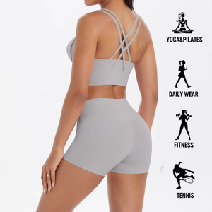 High Quality Women's 2 Piece Yoga Set Cross Back Sports <b>Bra</b> High Waist Shorts Shockproof Breathable Fitness Wear Gym Outfits - Product Image 2