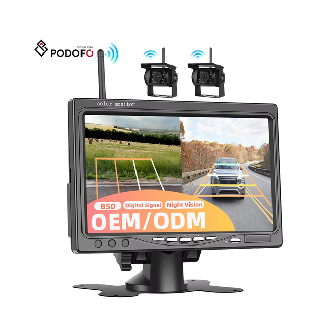 Podofo Digital Signal 7'' Wireless Backup Camera Monitor IP68 Waterproof Night Vision 2 X Rear Camera for Trucks Bus RV OEM/ODM