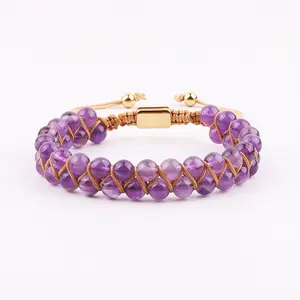 Natural Stone A Grade Amethyst Double Layer Beaded Braided Macrame Bracelet Beads With Custom Logo For Women JBS12569