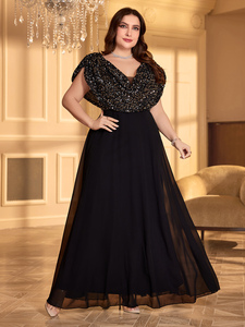 Abito <span class=keywords><strong>da</strong></span> <span class=keywords><strong>Sera</strong></span> Lungo in Chiffon Nero con Scollo a V, Maniche a Pipistrello e Paillettes per <span class=keywords><strong>Taglie</strong></span> Forti, Ideale per Cene, Matrimoni e Feste - Product Image 5