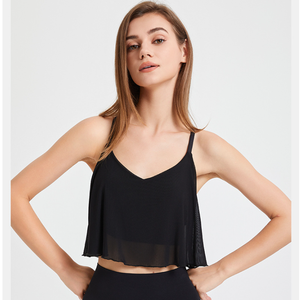 Women V Neck Mesh Ruffle <b>Flowy</b> Yoga Crop <b>Top</b> Thin Crisscross Back Sleeveless Padded Workout Tank <b>Top</b> Quick Dry Fitness Cami - Product Image 3