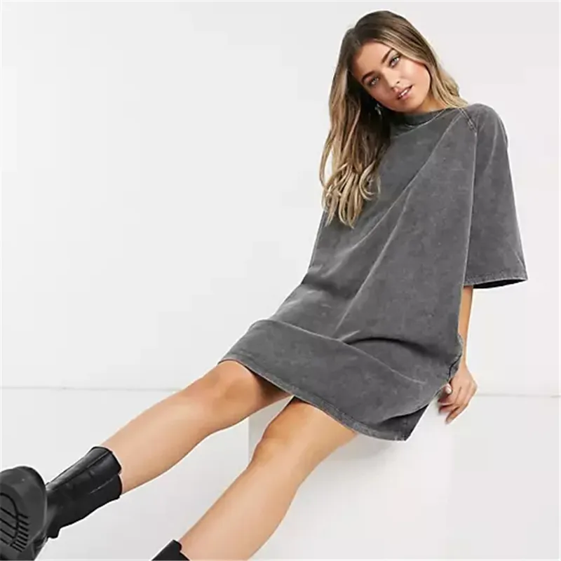 Wholesale Short Sleeve Oversized Blank Vintage Grey Acid Wash Cotton T shirt Dress Women