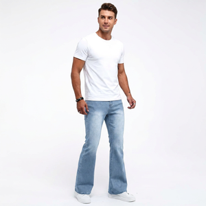Jean évasé bleu clair pour homme, en denim de coton respirant délavé au sable, taille mi-haute, coupe droite, décontracté, pour le printemps, fabriqué au Bangladesh, couleur unie - Product Image 4