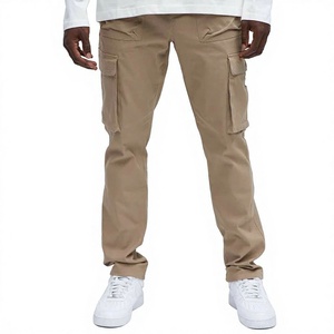 Pantalon cargo kaki pour homme, coupe droite, plusieurs poches, décontracté, taille élastique, en toile respirante, style printemps - Product Image 1