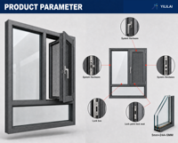 Fenêtre à battant en aluminium à rupture de pont thermique, double vitrage, cadre fin, verre isolant moderne pour maison résidentielle