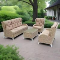 Beige Polyrattan Outdoor-Sofa-Eckgarnitur mit Kissen Gartenmöbel Zeitgenössisches Design Wasserfest UV-Beständiges Sofa