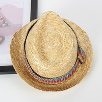 Topi Fedora Jerami dengan Logo Custom, Gaya Bohemian, Pita Rajut Warna-Warni, untuk Musim Panas