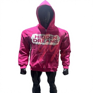 เสื้อฮู้ดดี้ประดับเพชรเทียม 450 GSM แบบซิป ยูนิเซ็กซ์  ตกแต่งด้วยแพทช์เวิร์คและโลโก้สไตล์ดิสเทรส สำหรับการผลิตเสื้อผ้าสตรีทแวร์แบบสั่งทำ - Product Image 1