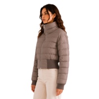 Doudoune courte matelassée pour femme, marron taupe, col montant, coupe bomber, avec bordure côtelée, manteau d'hiver isolé, parka