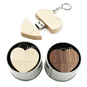 Wooden Heart Shape USB Flash Drive Memory Stick 32gb 16GB 2.0 Thumb Drivers High Speed with metal Box for Wedding Gift