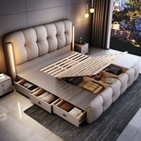 Lit double moderne de luxe 2026 avec cadre en bois, têtes de lit rembourrées, éclairage intégré et rangement en cuir – Collection de meubles de chambre à coucher